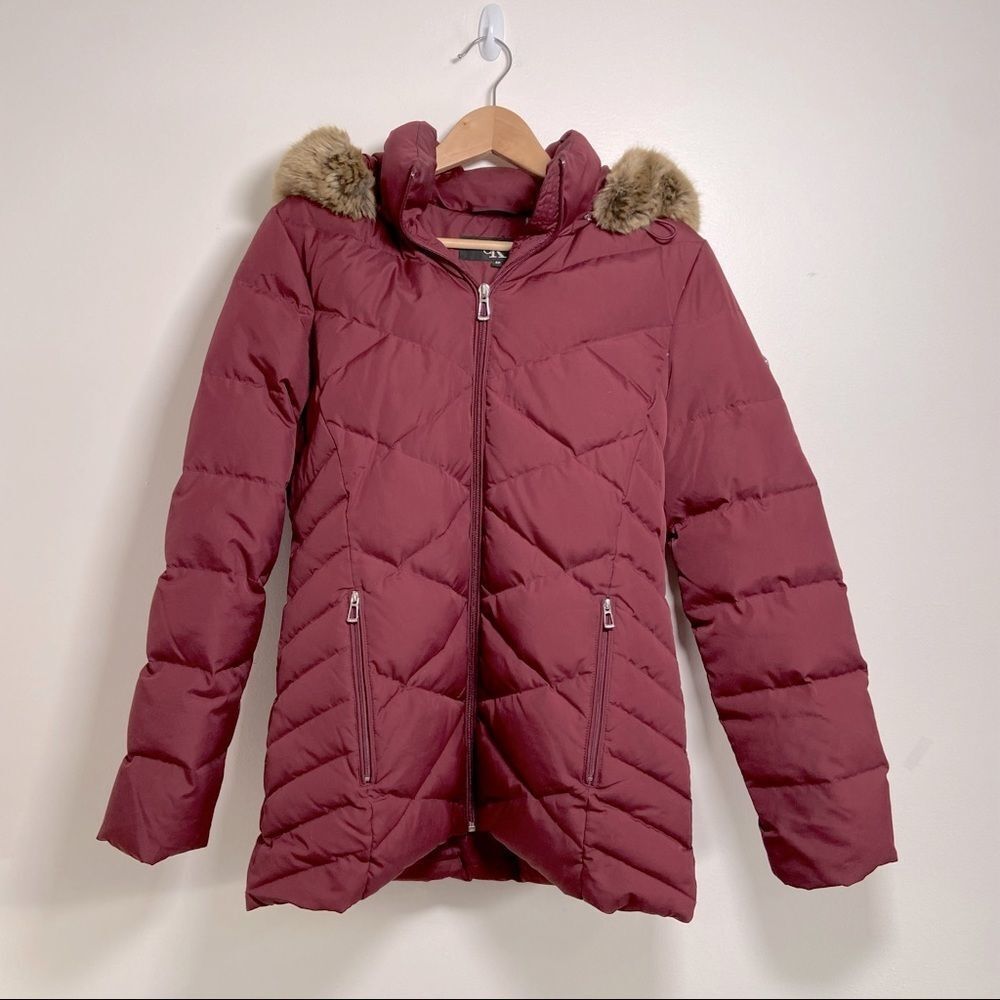 Calvin Klein Burgundy Down Puffer Coat Faux Fur Hood Small